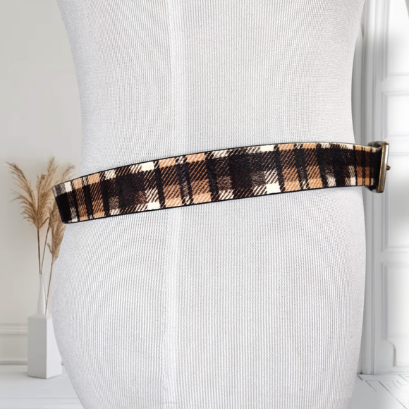 Anthropologie Plaid Calf Hair Leather Belt Brass Buckle Size M 32–36 main image 8